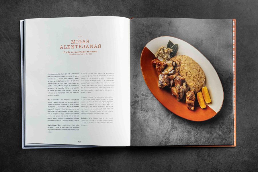 Dupla página do livro Sabores do Tacho Alentejo com receita de migas alentejanas