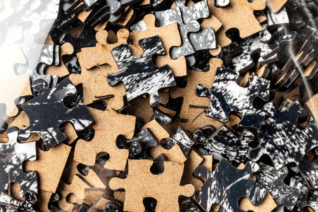 Pormenor das peças em madeira do puzzle fotográfico a preto e branco de Jerónimo Heitor Coelho