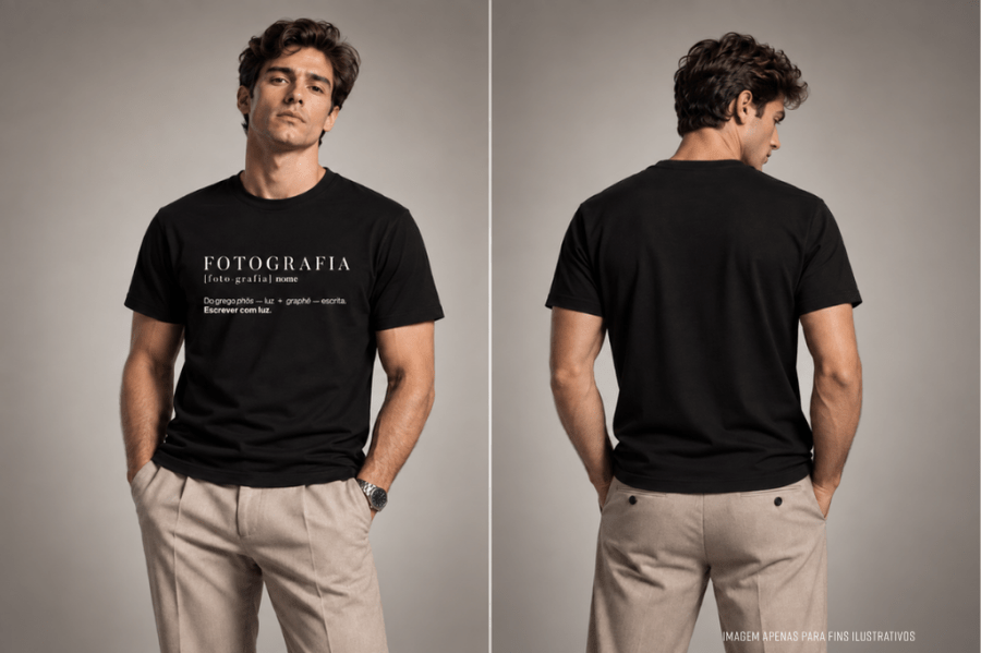 Montagem ilustrativa com modelo masculino a vestir a T-shirt Fotografia — Escrever com Luz, de frente e de costas.