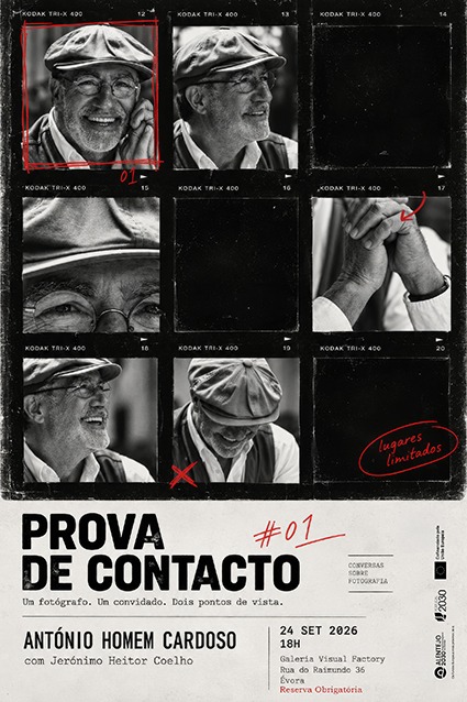 Cartaz da PROVA DE CONTACTO #01, com António Homem Cardoso e Jerónimo Heitor Coelho, na Galeria Visual Factory em Évora