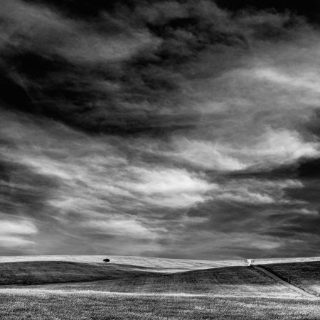 Caminho rural atravessa campos ondulados junto a uma árvore solitária, sob um céu dramático.