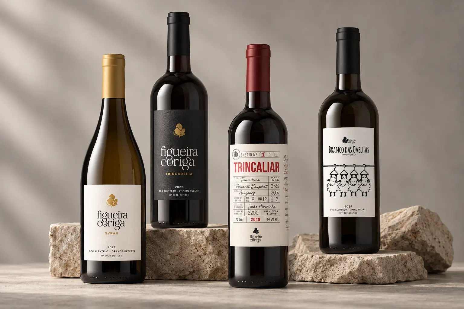 Identidade visual e design de rótulos dos vinhos Figueira Coriga desenvolvidos pela Visual Factory