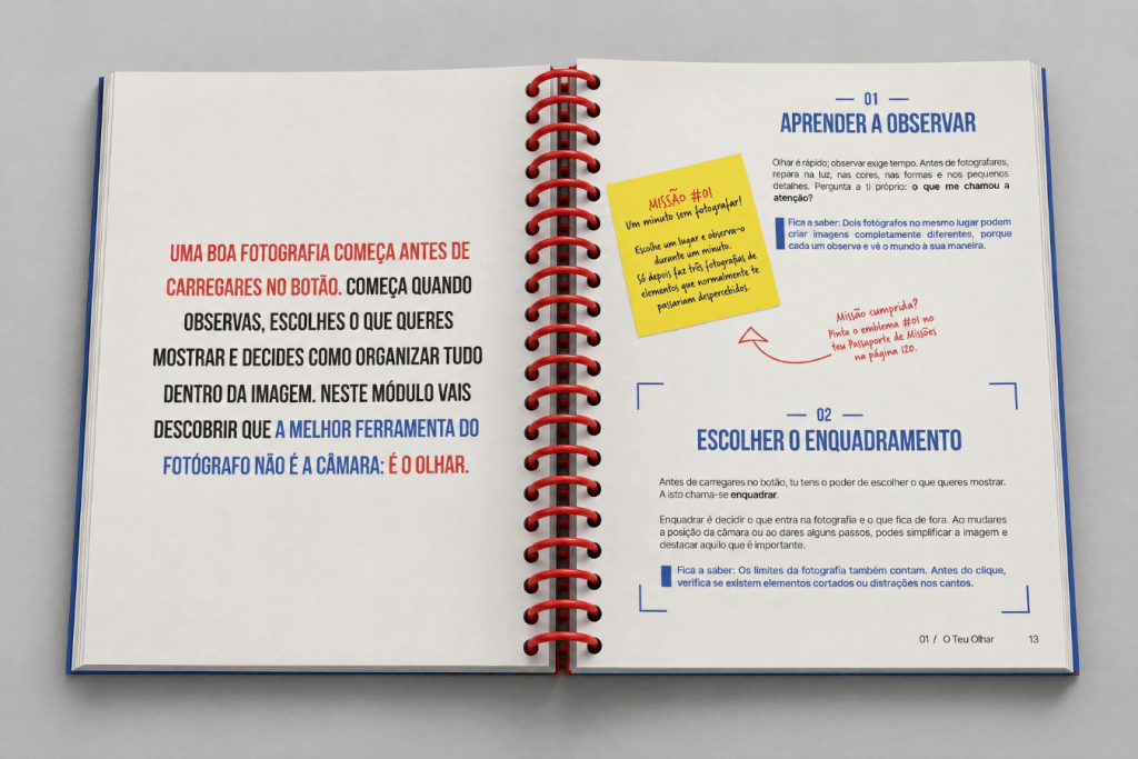 Livro aberto apresenta a missão “Um minuto sem fotografar” e exercícios para aprender a observar.